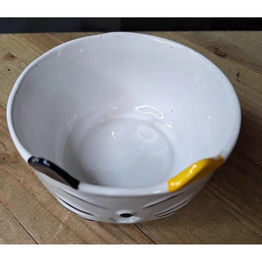 Ceramic Cat Yarn Bowl White Feline Knitting Crochet Holder Blue Yellow Ears